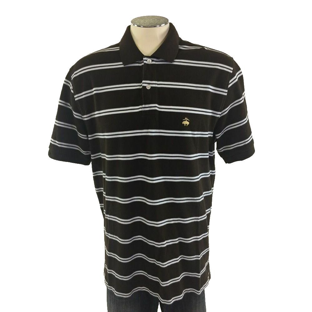 Brooks Brothers Performance Logo Polo Shirt L Brown Blue Stripe Cotton Golf Mens